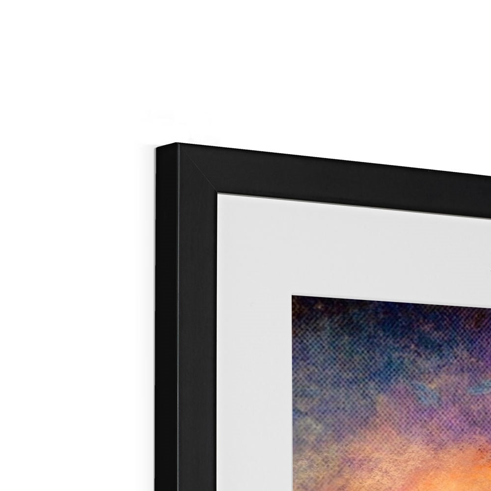 Close-up of Eilean Donan Castle Moonlight Framed & Mounted Print with black frame and white matting