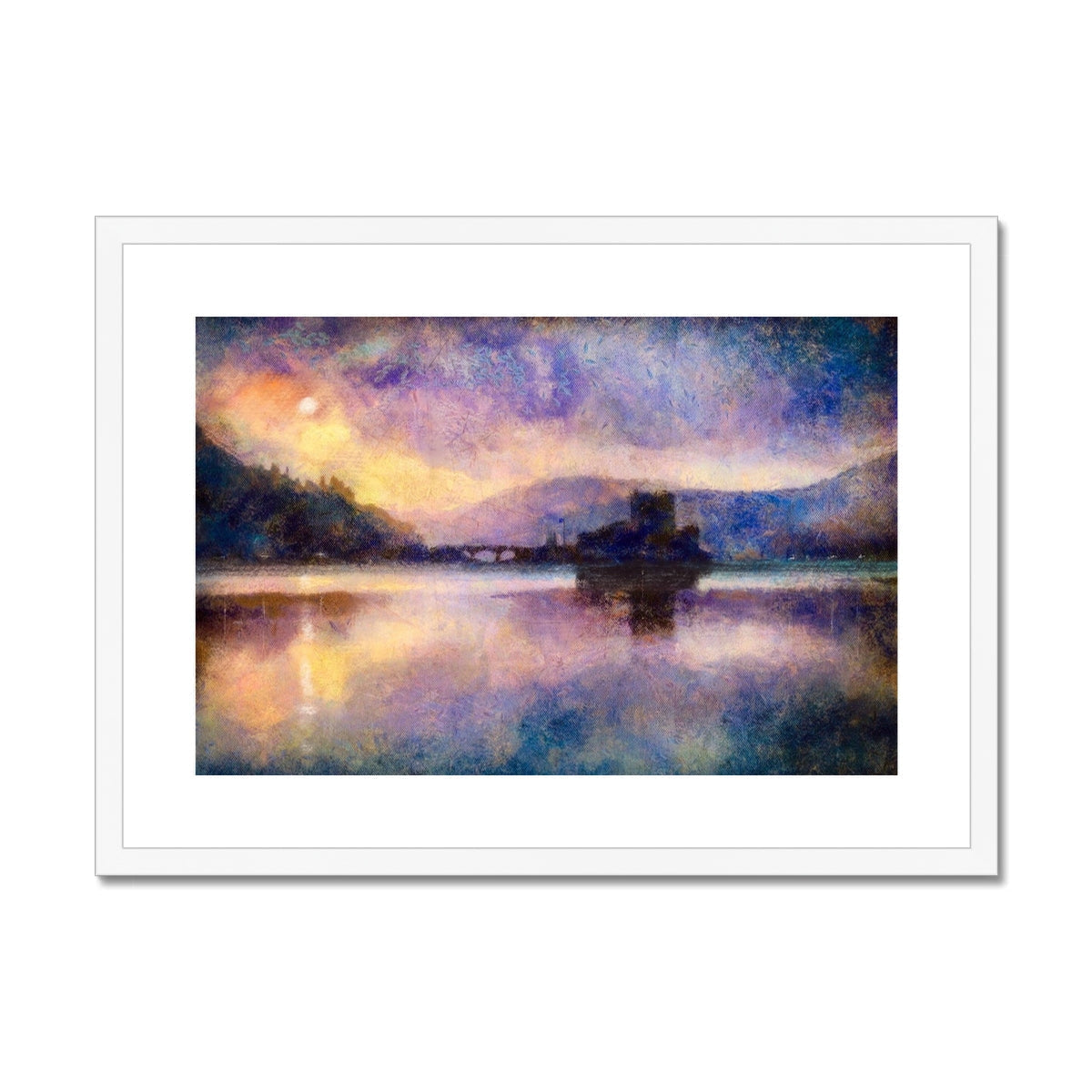 Framed print of Eilean Donan Castle on a lake at sunset for wall decor