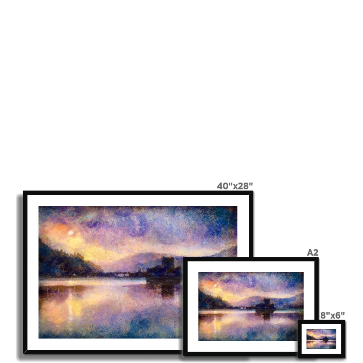Collection of framed landscape paintings featuring Eilean Donan Castle Moonlight print