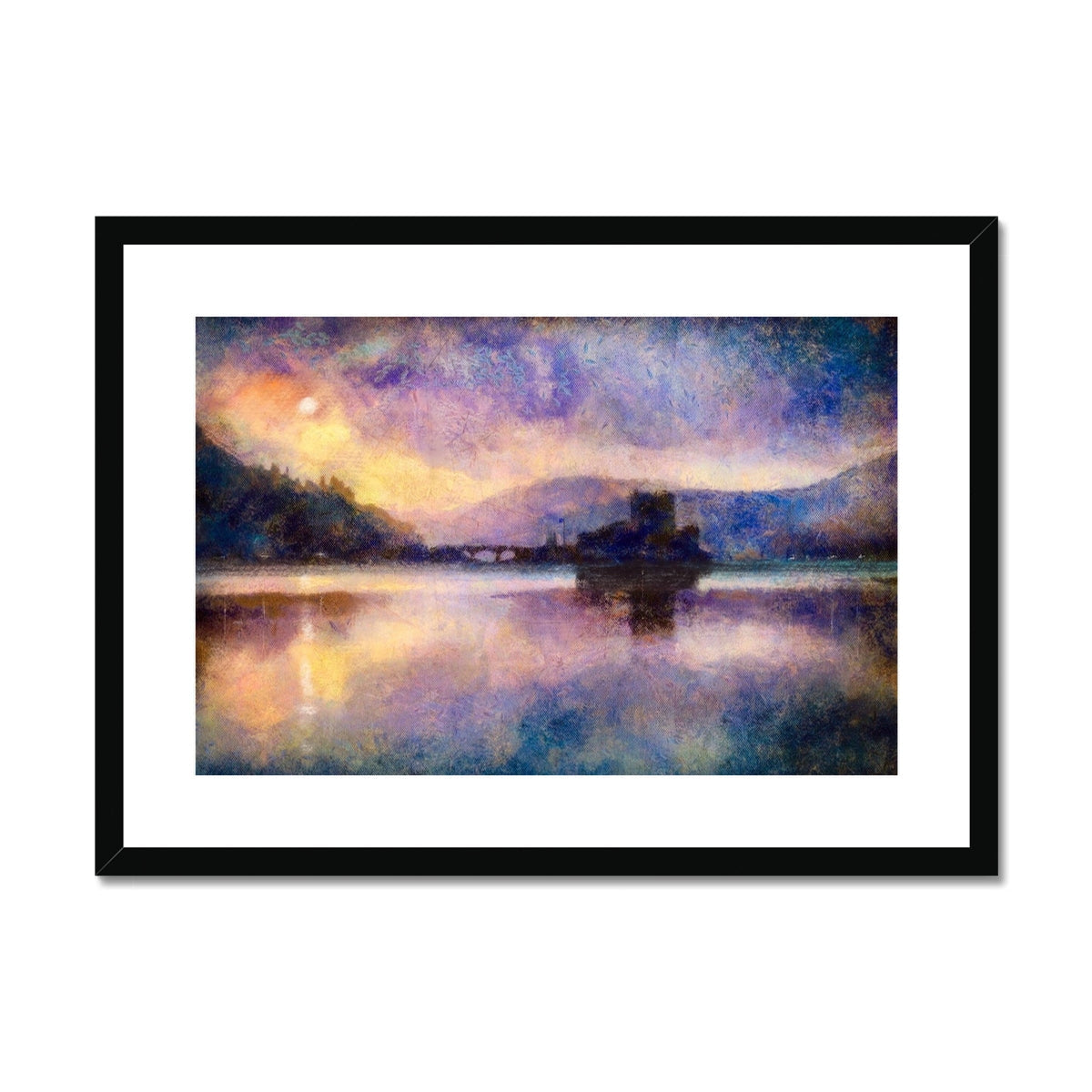 Framed impressionistic print of Eilean Donan Castle illuminated by moonlight over a lake