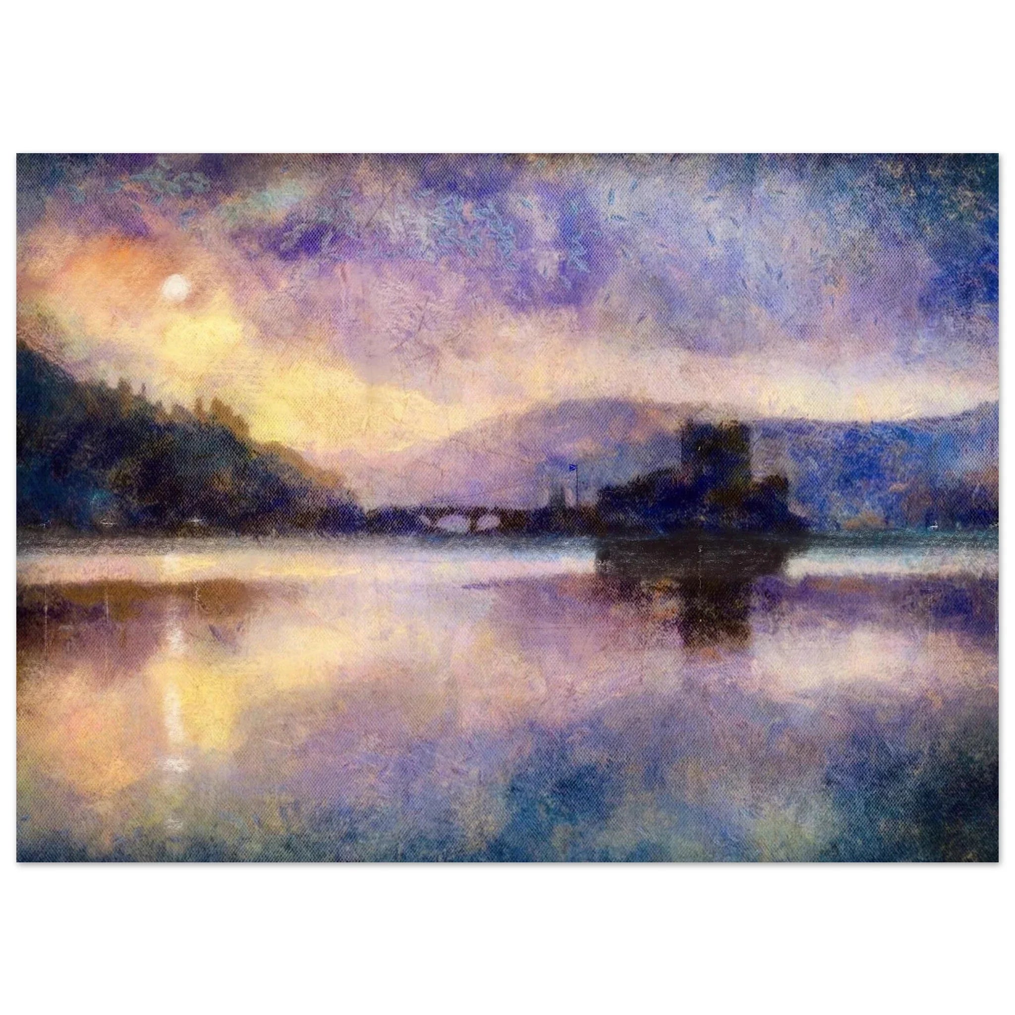 Serene impressionistic Eilean Donan Castle moonlight painting, Scotland