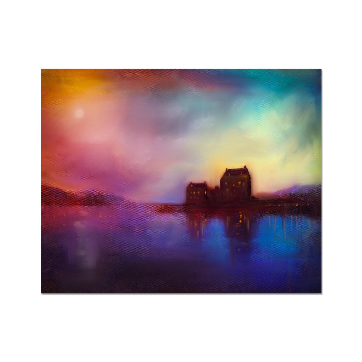 Vibrant colorful painting of Eilean Donan Castle on water under dramatic sky