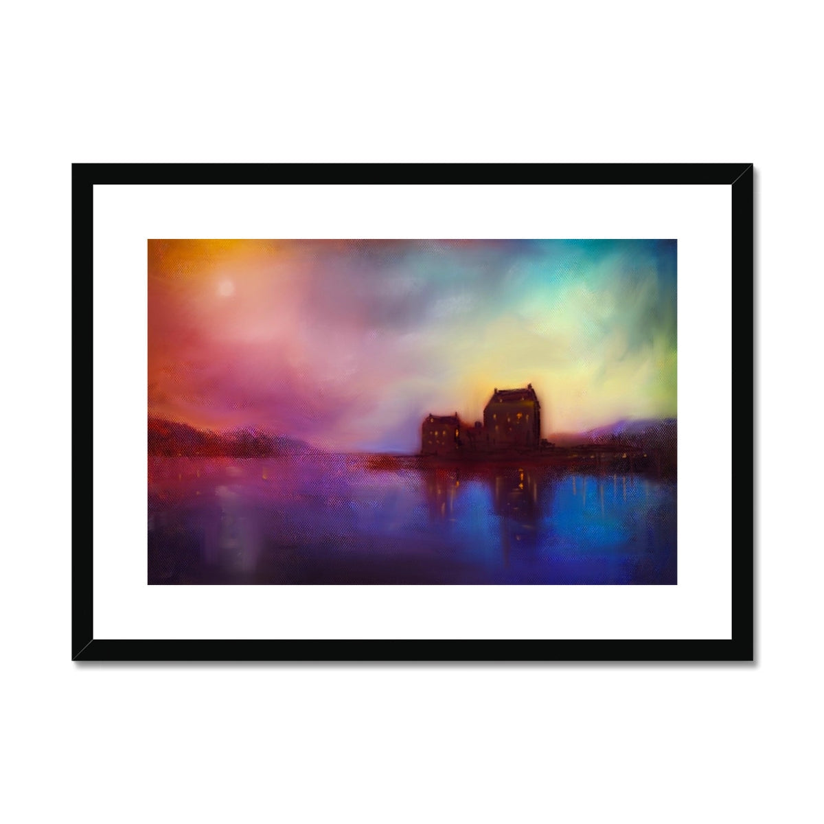 Framed Eilean Donan Castle sunset print featuring a vibrant lake scene and silhouetted building