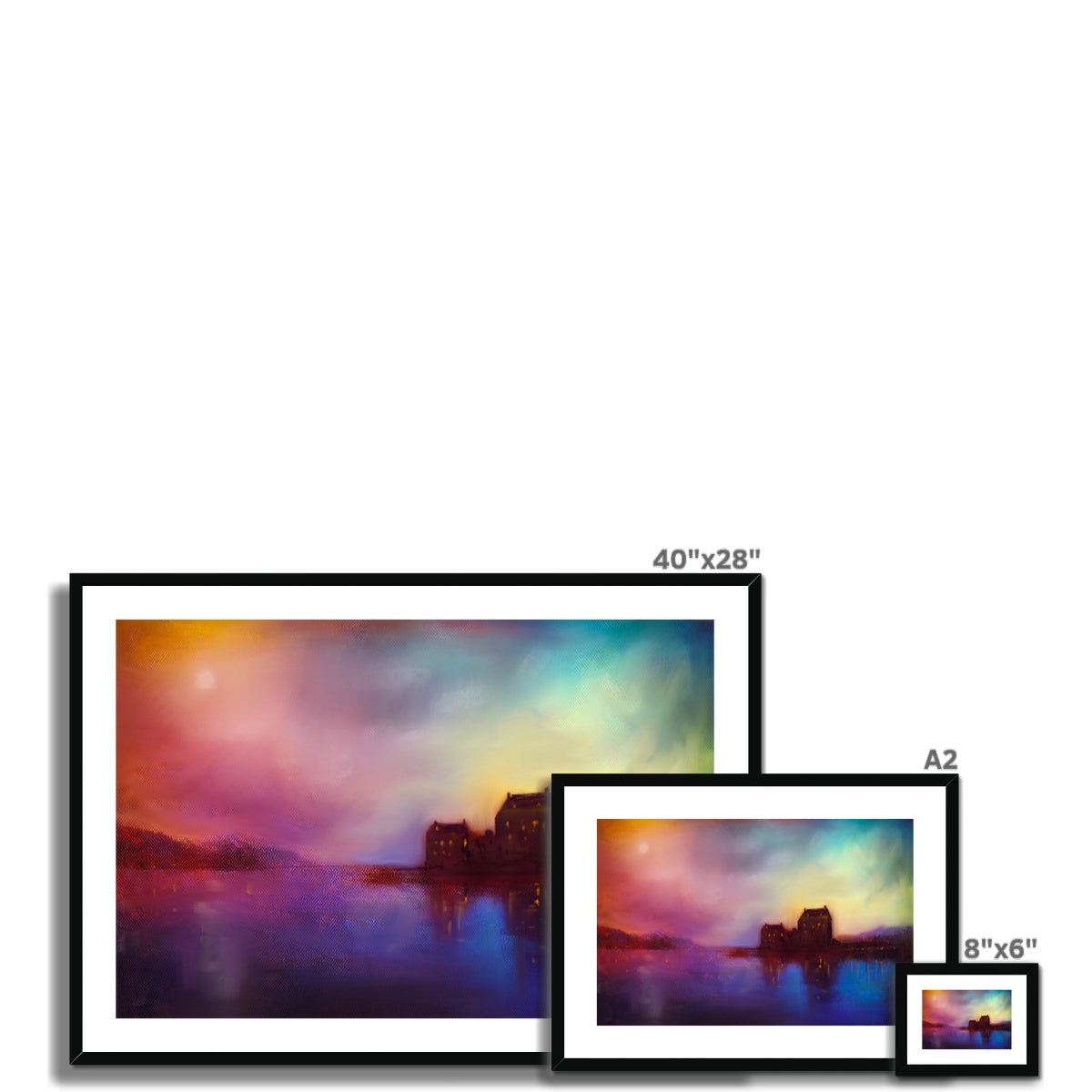 Three colorful framed landscape art prints featuring a body of water and distant structures