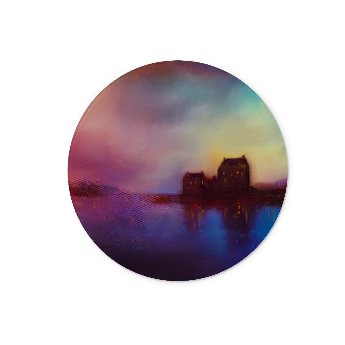 Circular sticker with colorful Eilean Donan Castle painting by a lake at sunset