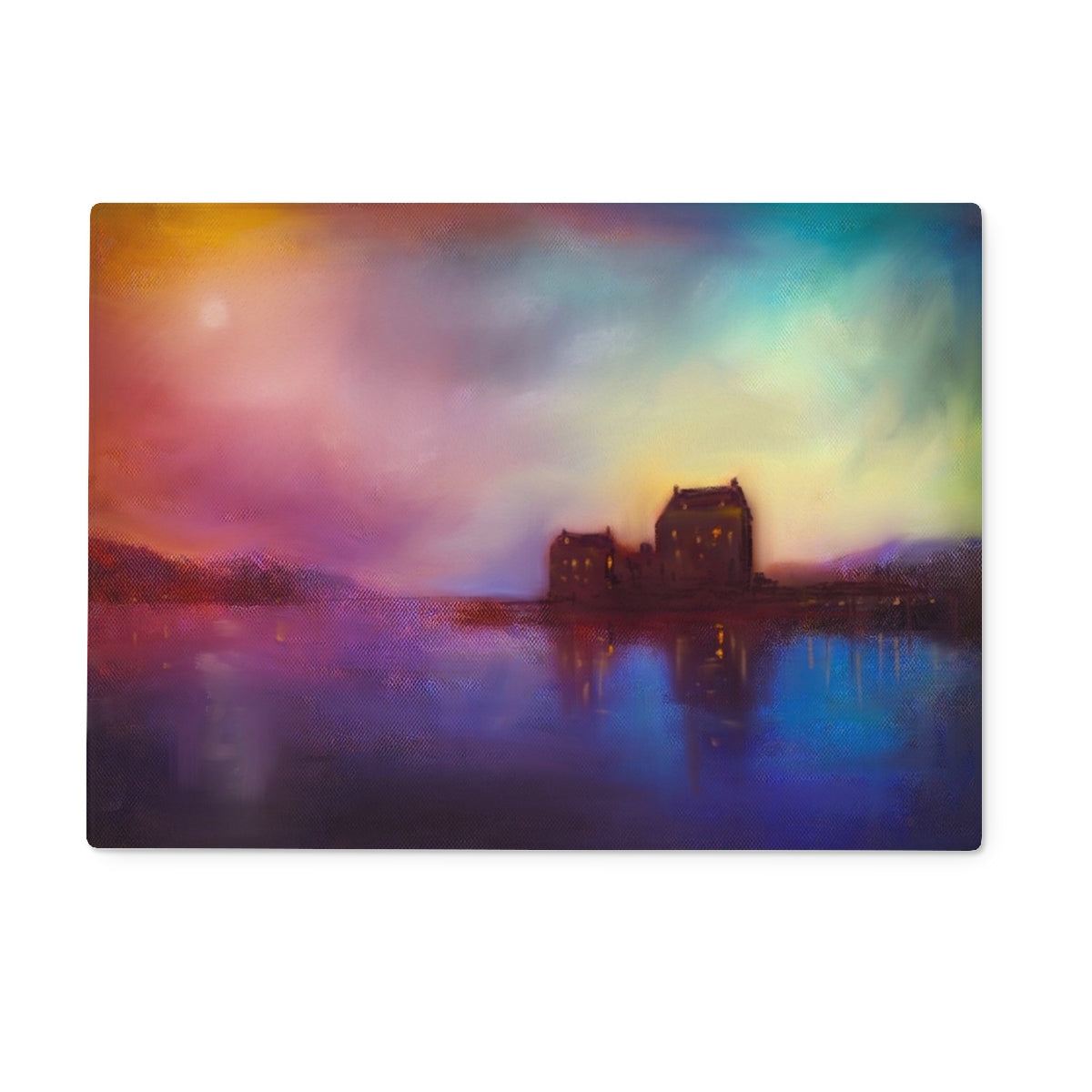 Vibrant impressionistic landscape painting of Eilean Donan Castle by a lake at sunset on a glass chopping board