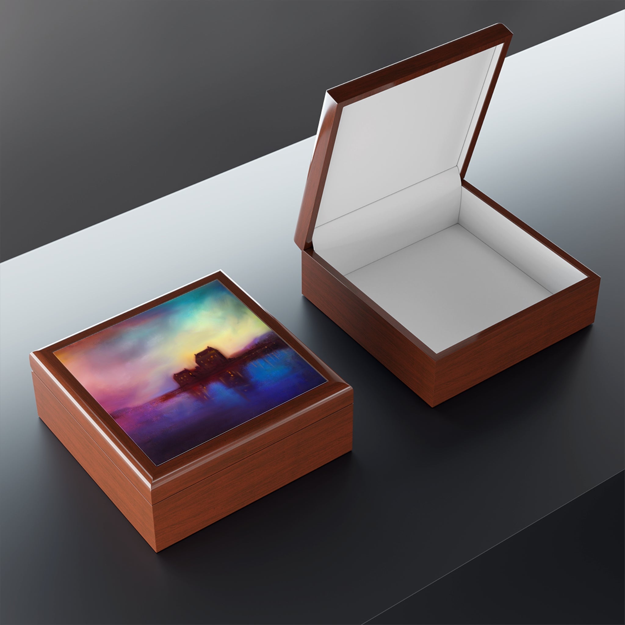 Decorative wooden jewelry boxes featuring a vibrant abstract landscape inspired by Eilean Donan Castle Sunset in Scotland