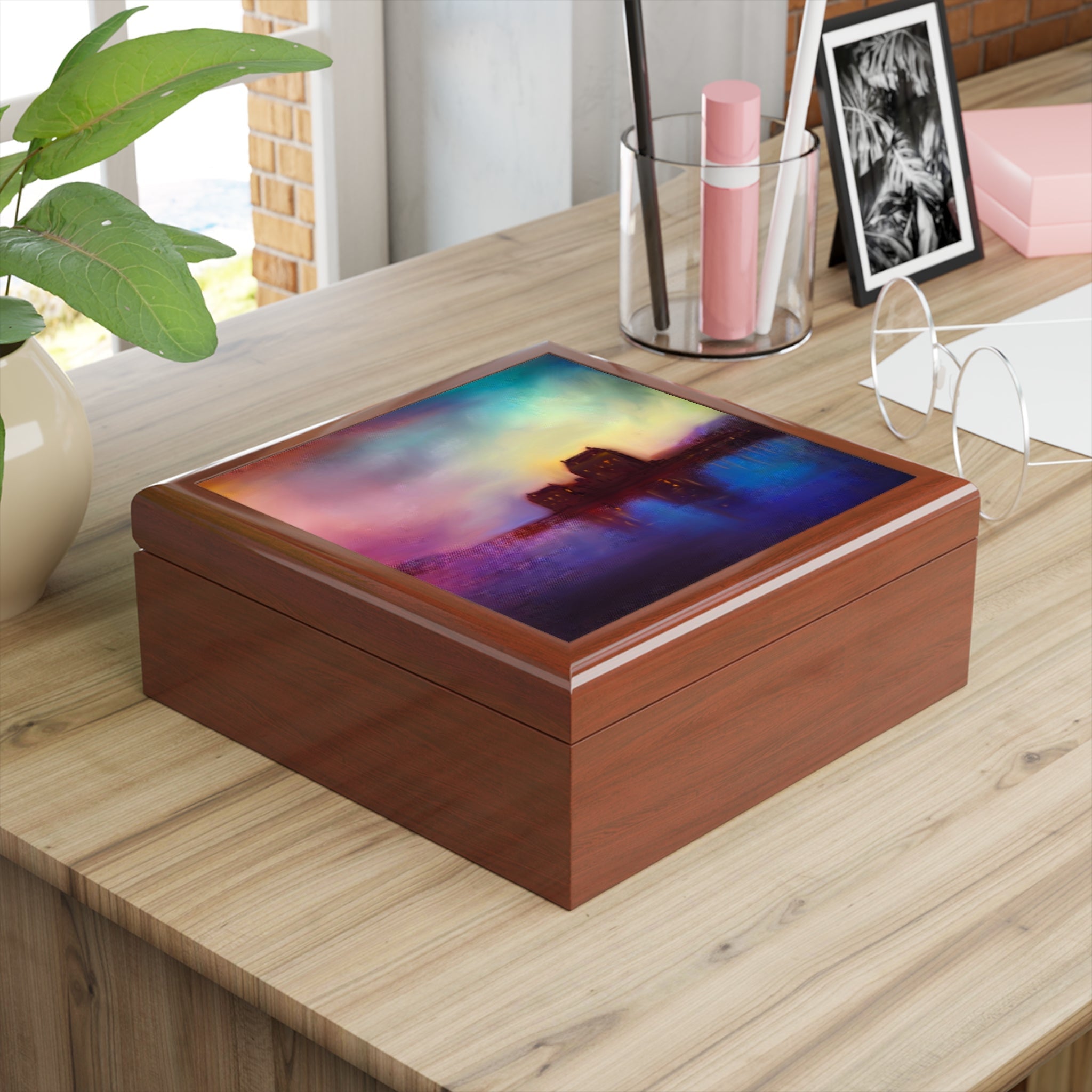 Wooden jewellery box with vibrant abstract nebula design on lid, inspired by Eilean Donan Castle Sunset