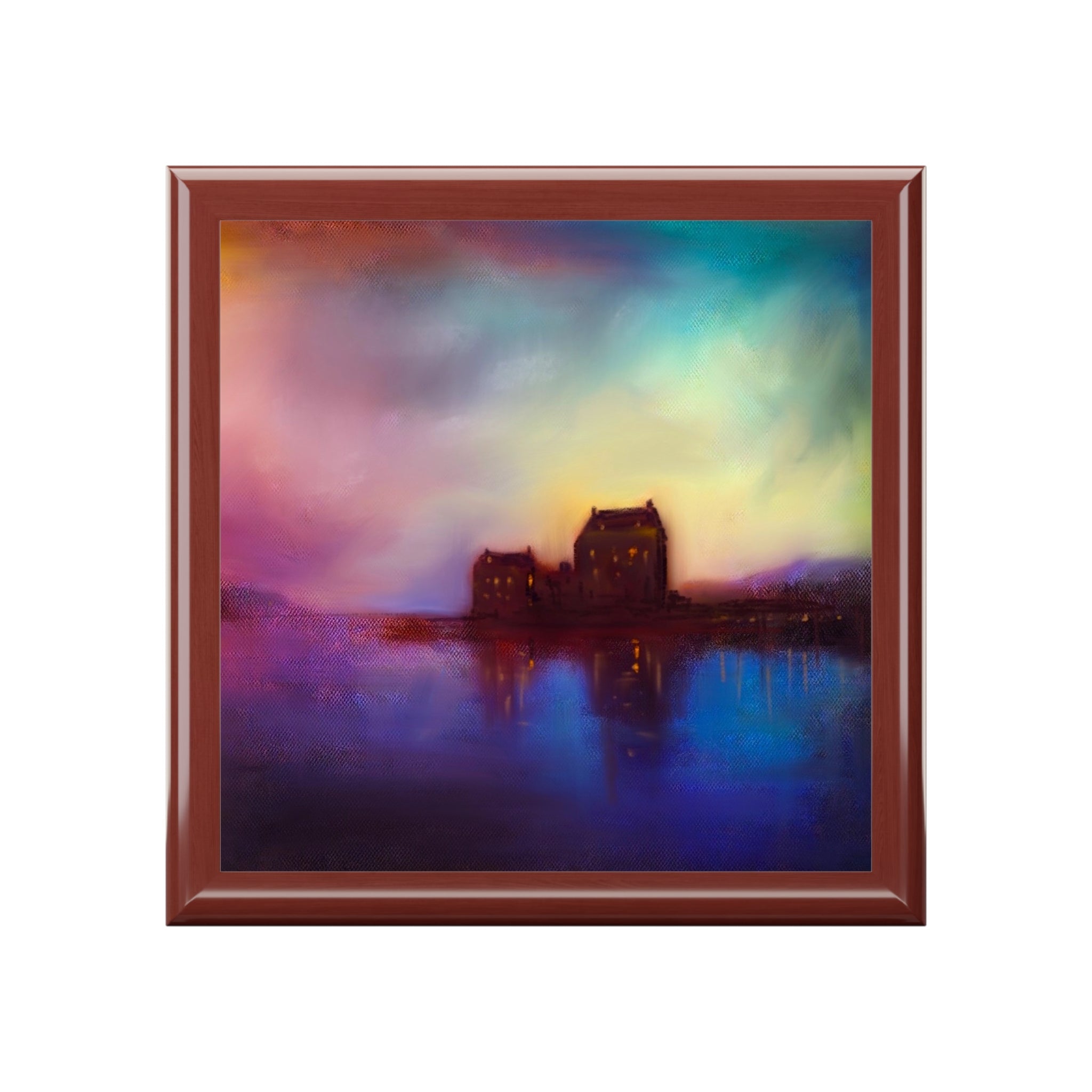 Eilean Donan Castle sunset painting on jewelry box depicting castle by lake under colorful sky