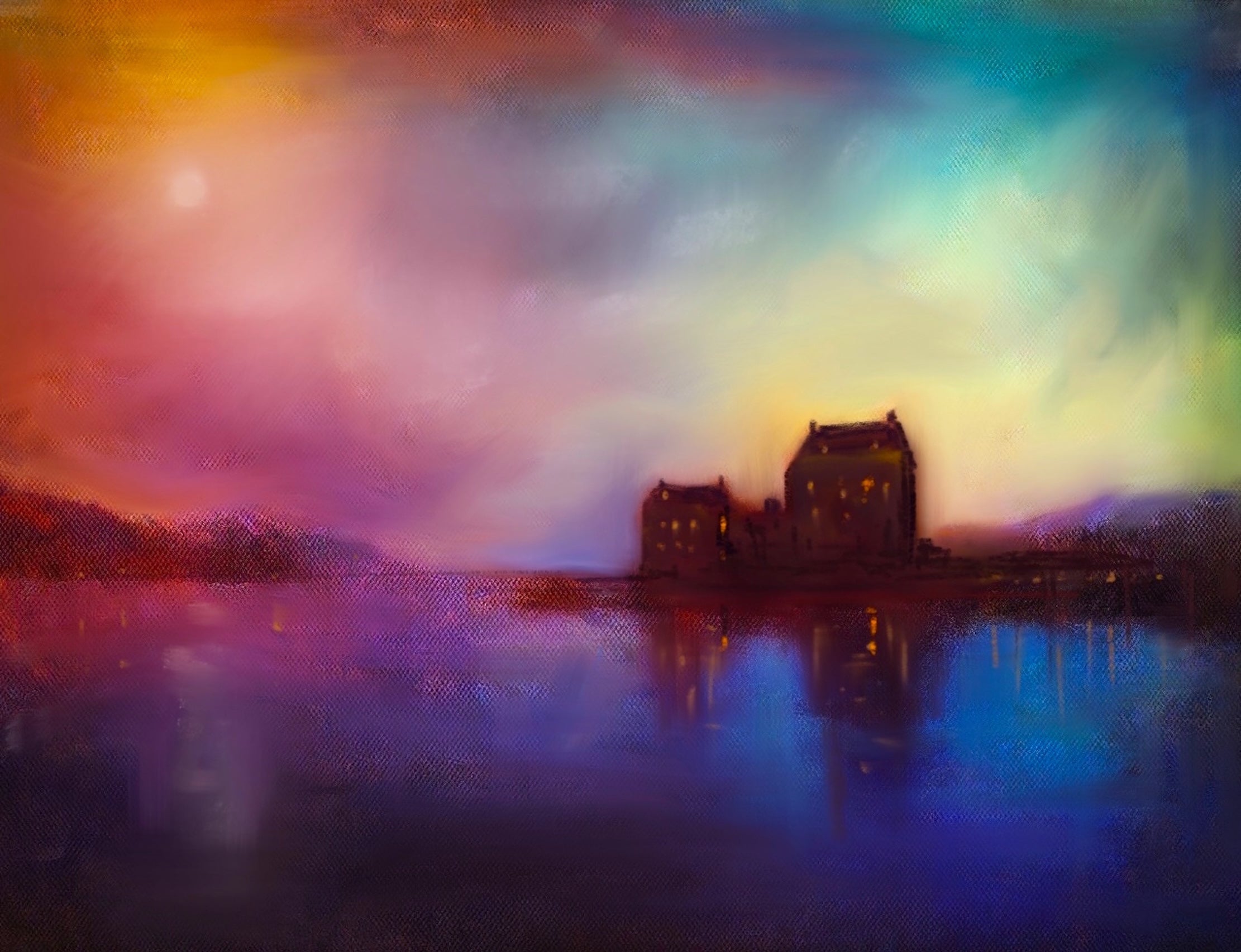 Impressionistic painting of Eilean Donan Castle on a loch at sunset for Scottish landscape art