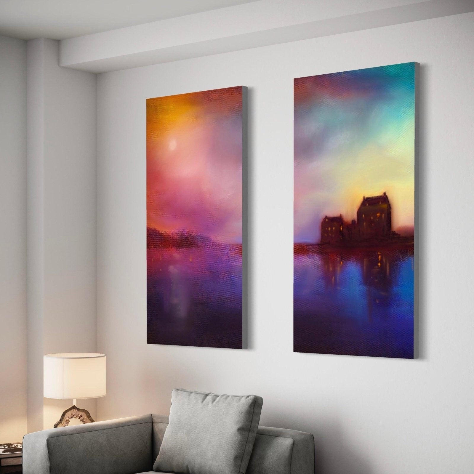 Two abstract landscape paintings hanging above a sofa in a Scottish-inspired interior