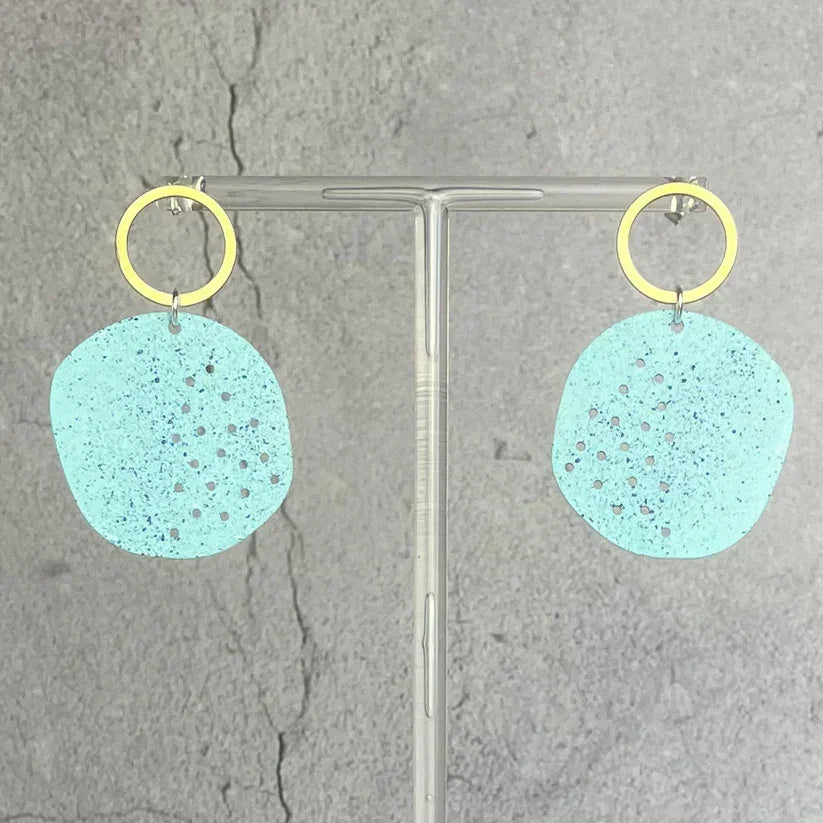 Turquoise speckled El Medano Cesar earrings with gold-tone hoops by Lindsay Mcdowall Jewellery