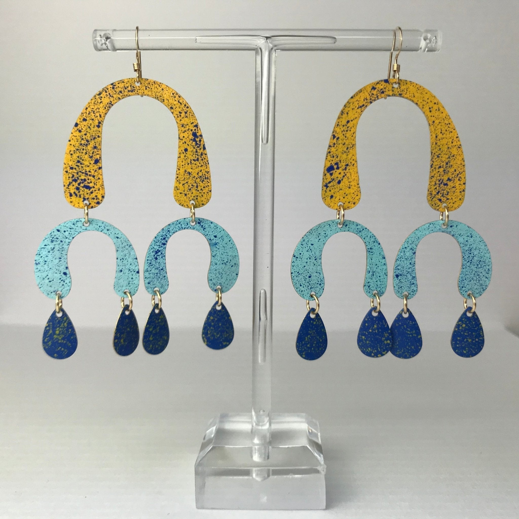 Yellow and blue speckled acrylic El Medano Kite drop earrings by Lindsay Mcdowall Jewellery