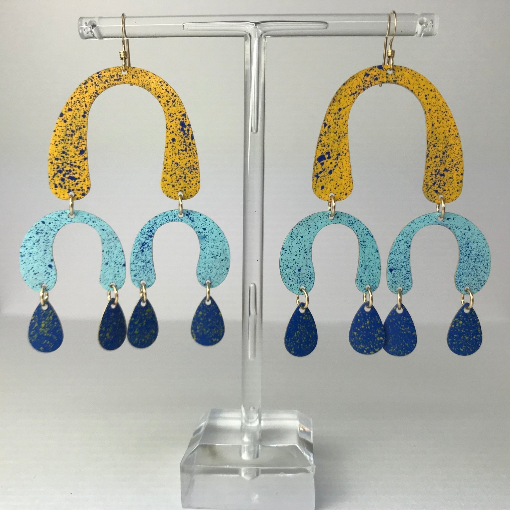 Vibrant yellow and blue speckled El Medano Kite drop earrings by Lindsay McDowall Jewellery