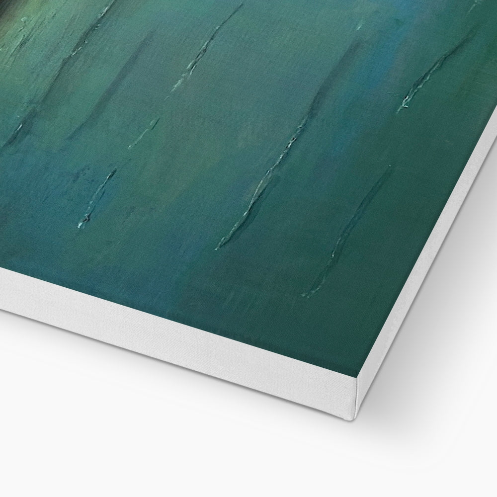Teal abstract canvas art with textured brushstrokes in silver frame, Emerald Loch Lomond print