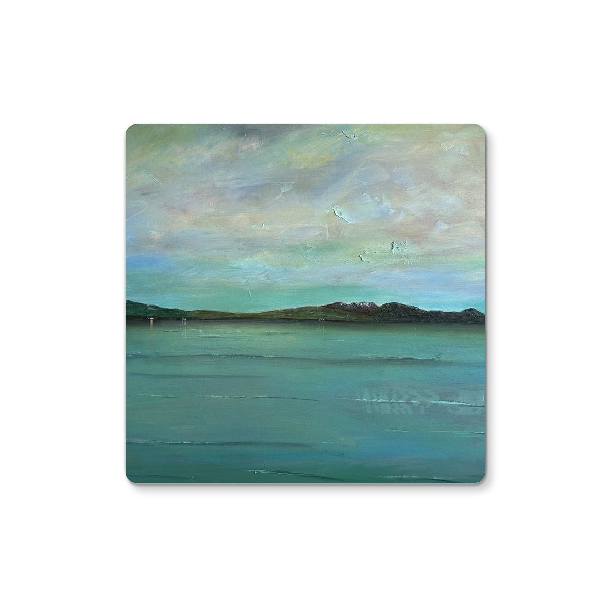 Teal and white abstract Loch Lomond landscape textured coaster