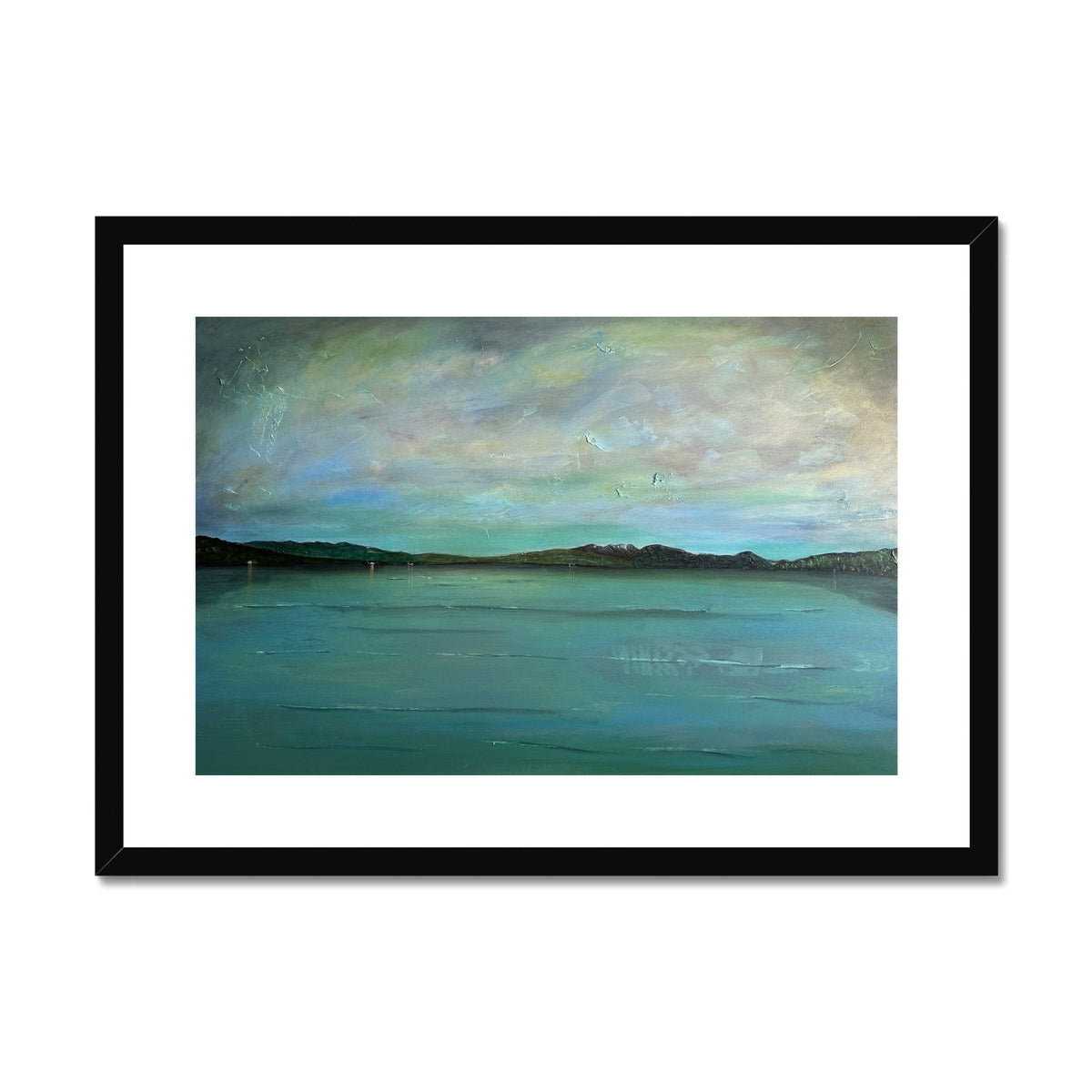 Black framed abstract Emerald Loch Lomond print in teal green hues