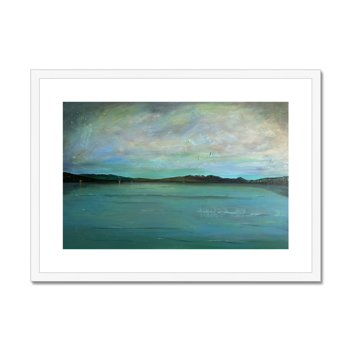 Teal and white framed minimalist abstract seascape art print