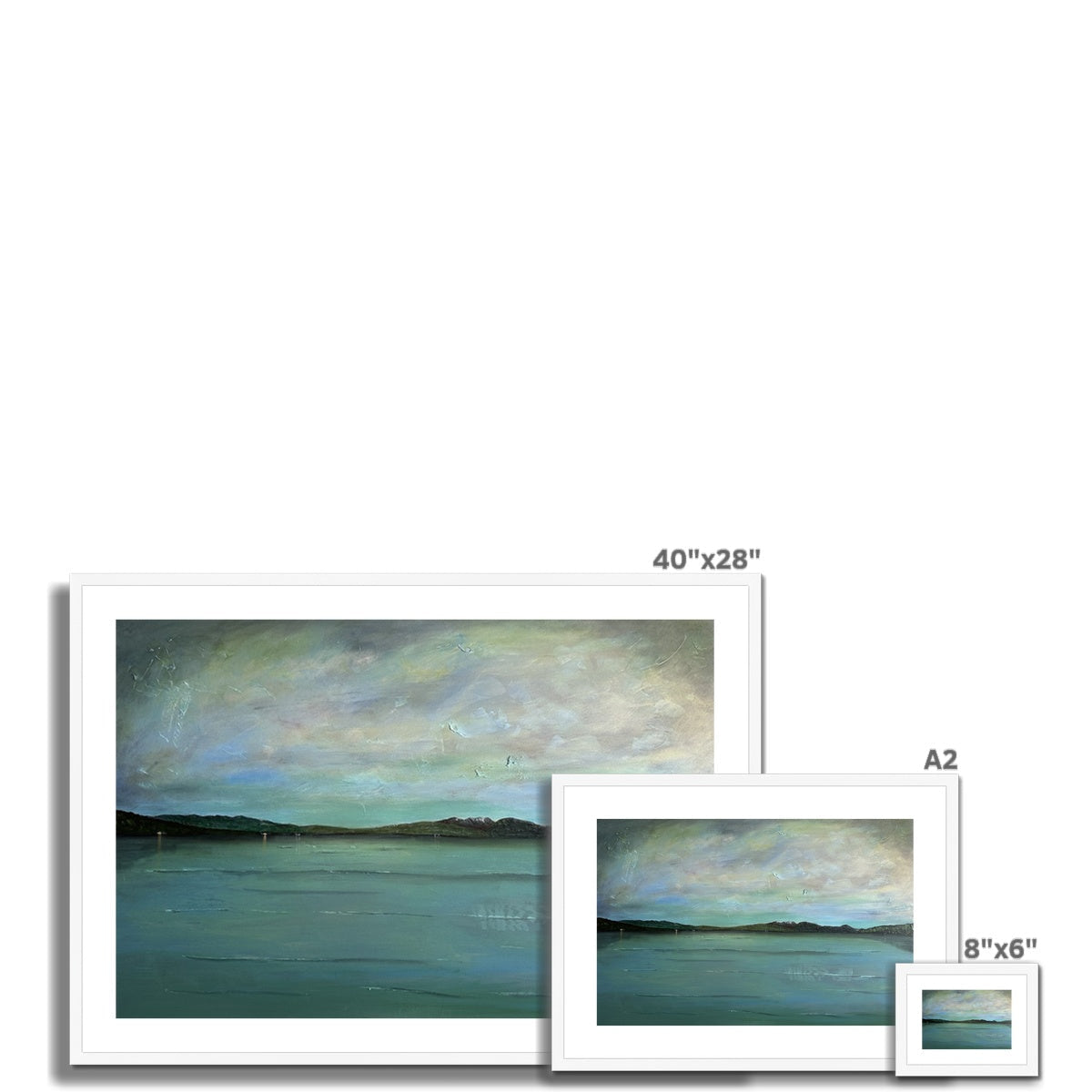 40x28 inch framed Emerald Loch Lomond coastal painting in muted greens and blues