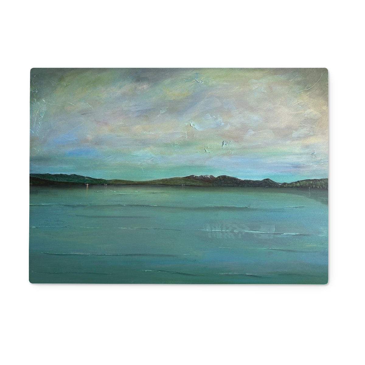 Teal green abstract Loch Lomond painting on chopping board