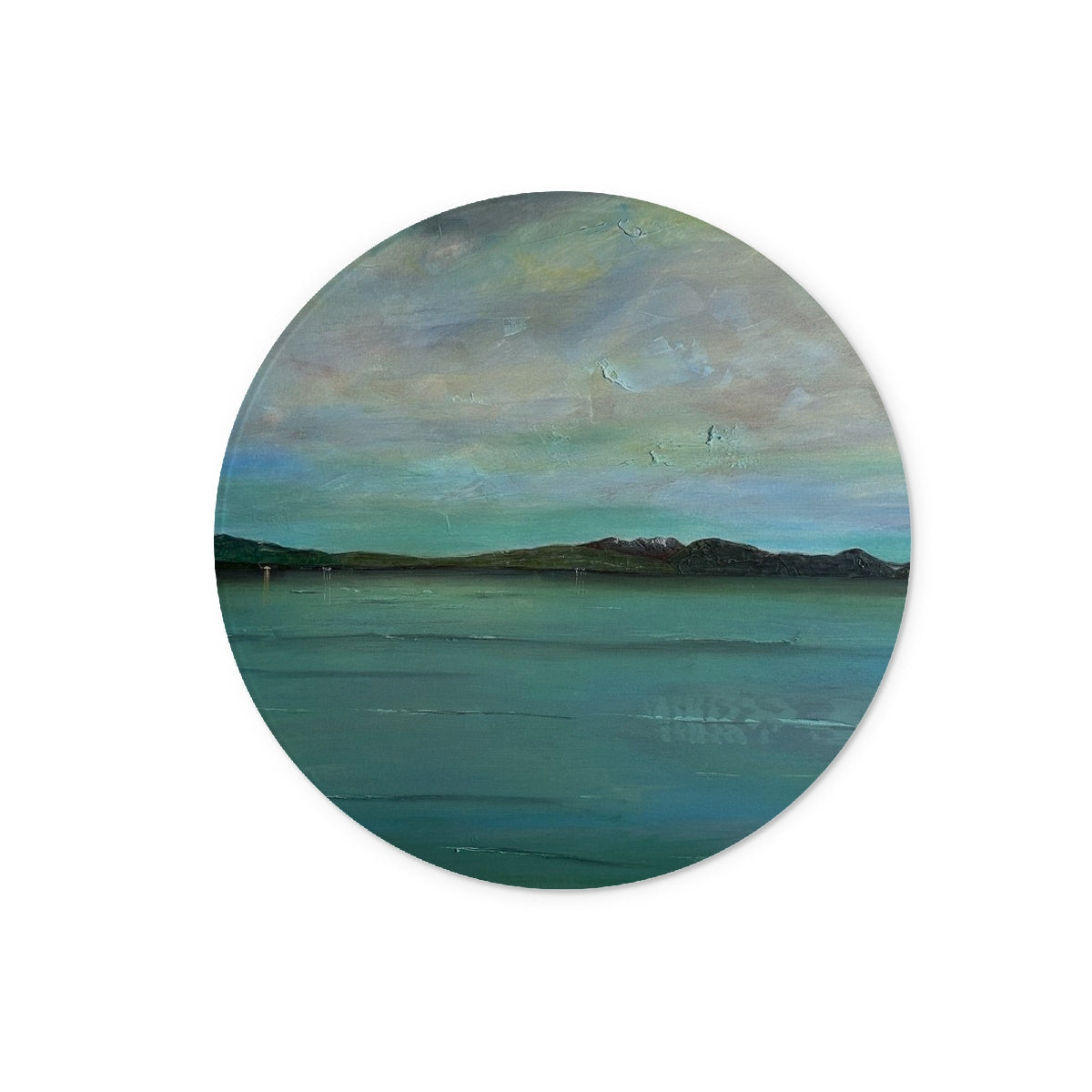 Teal circular coaster with Loch Lomond mountain landscape design