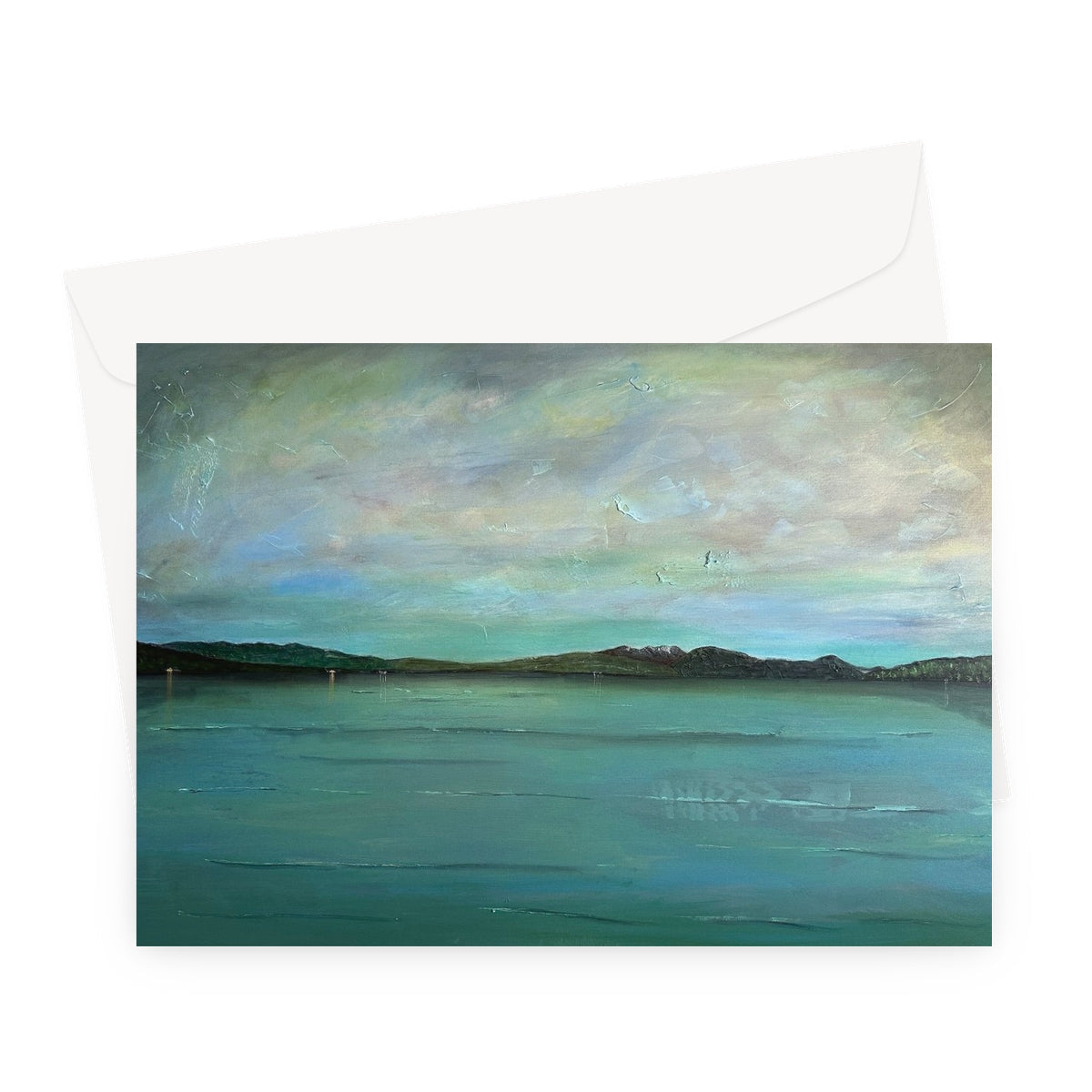 An Emerald Loch Lomond blue green abstract landscape greeting card with white envelope