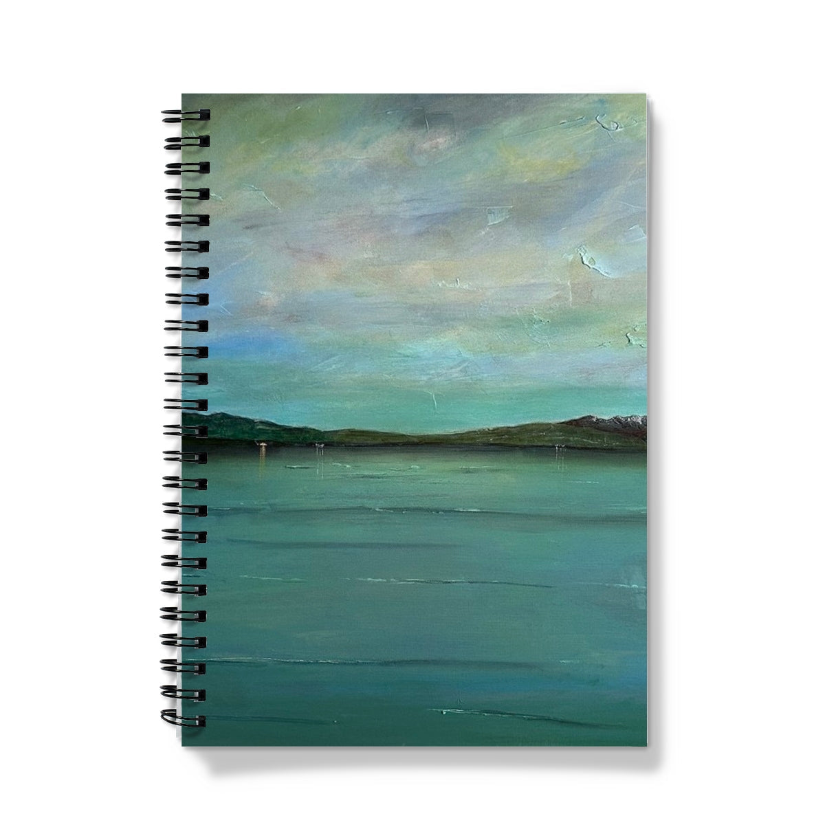 Spiral-bound An Emerald Loch Lomond Notebook with teal-gray abstract landscape cover