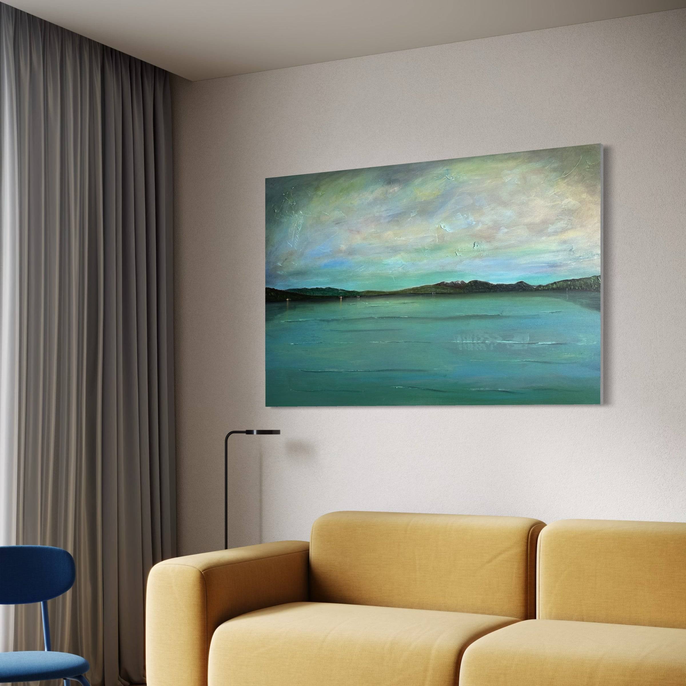 Abstract landscape painting of a body of water under a cloudy sky for Emerald Loch Lomond Wall Art