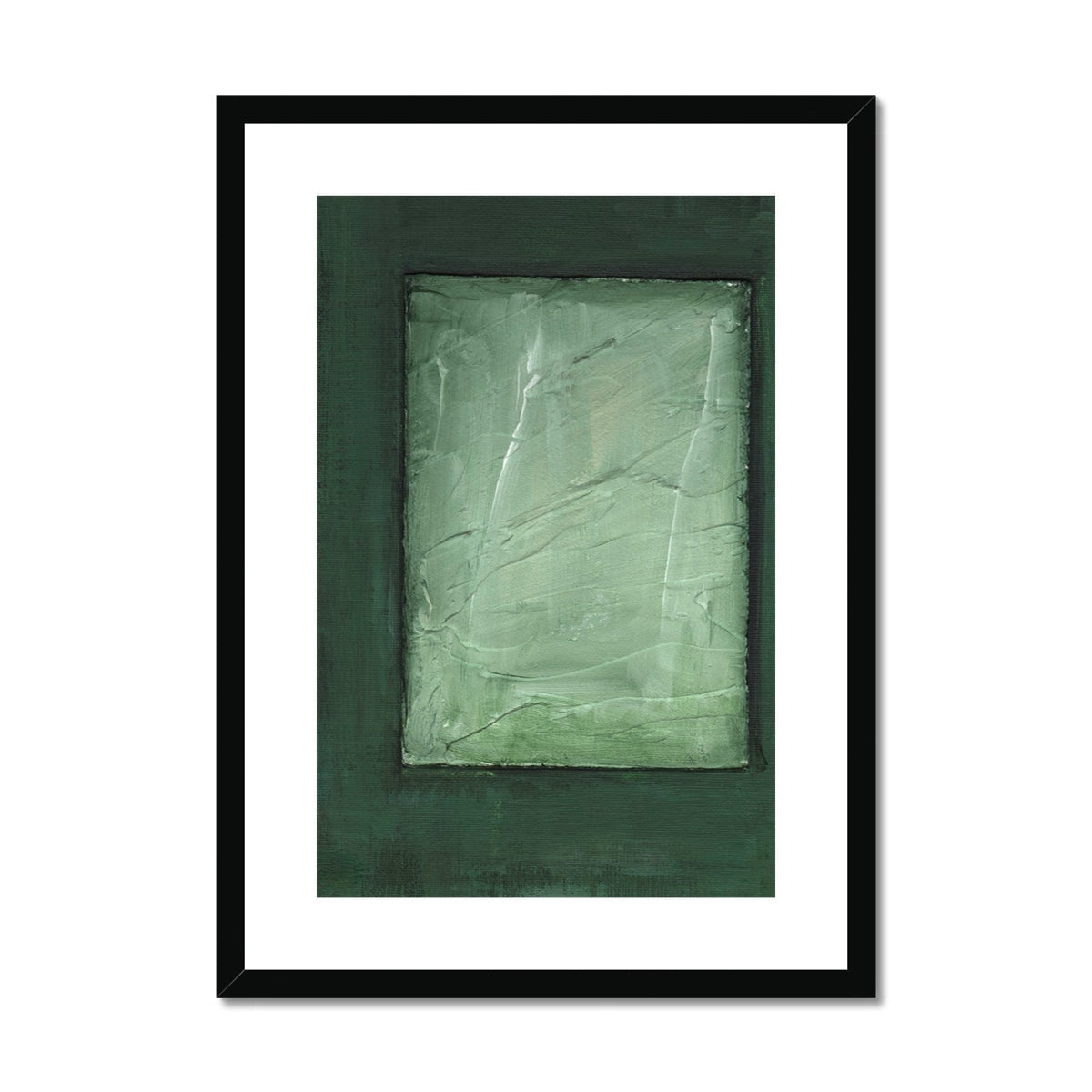 Framed Emerald Window abstract print with textured muted green canvas