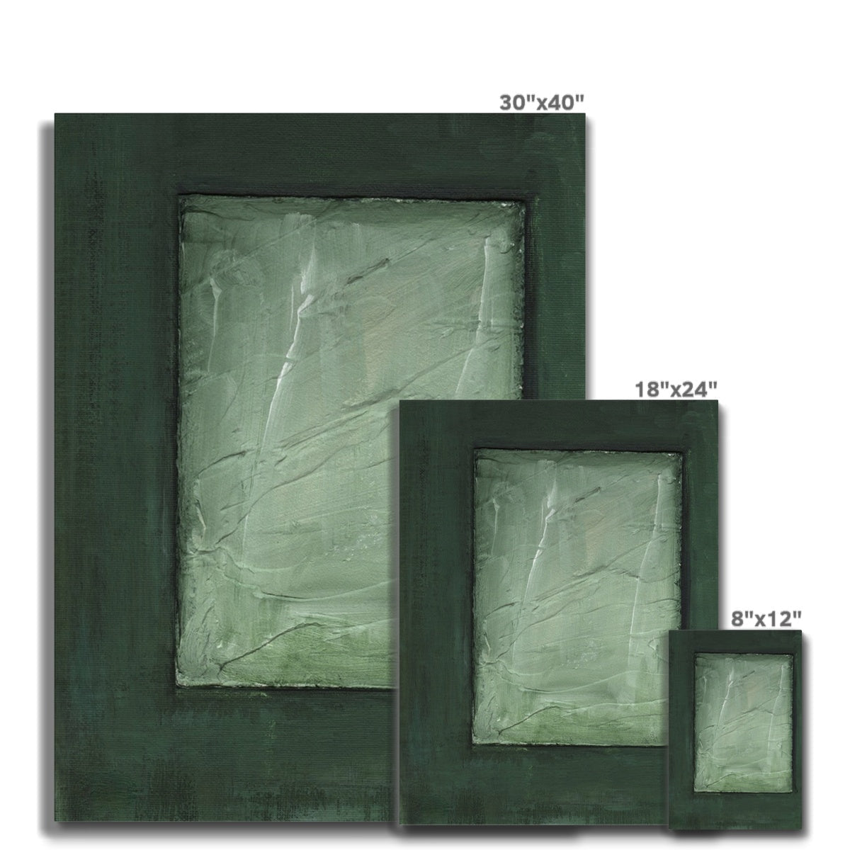 Dark green framed abstract painting on textured sage-green canvas, The Emerald Window