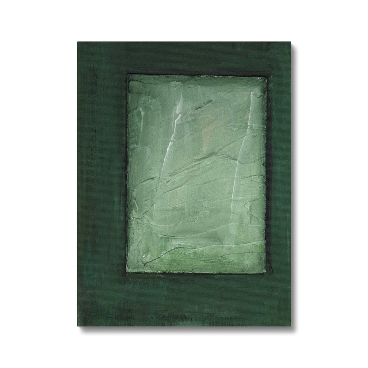 Dark green framed abstract painting on light mint-green textured canvas