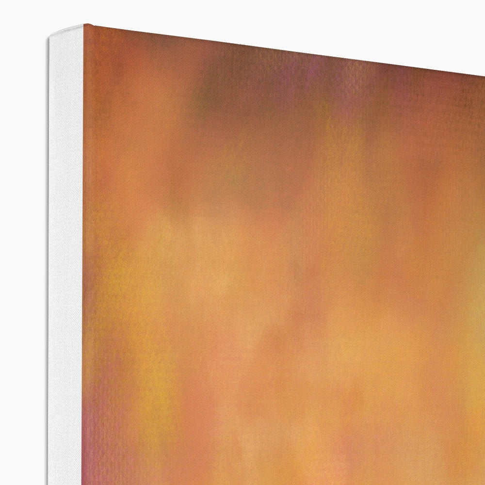 Eriskay Dusk canvas print with orange and yellow abstract art on white canvas