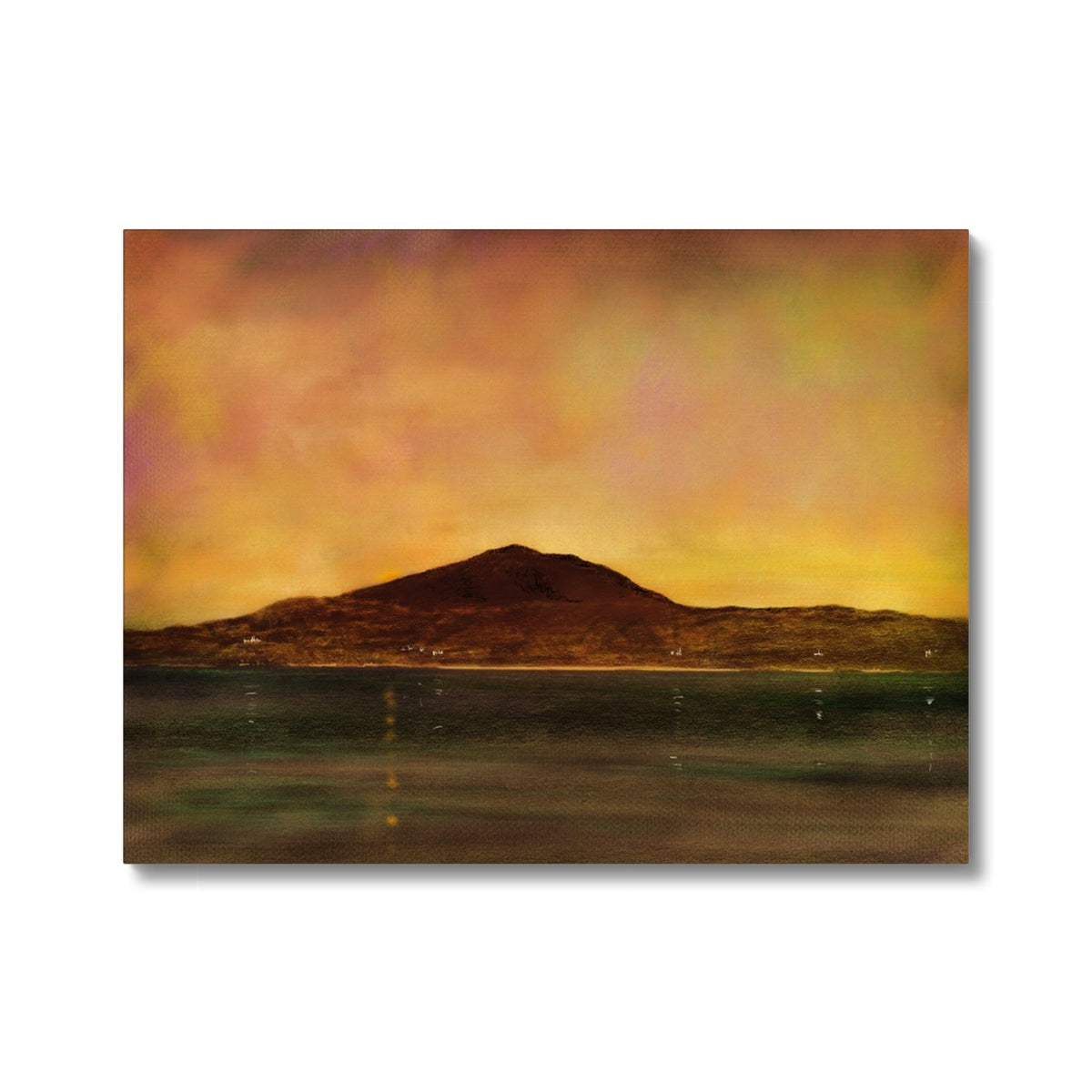 Eriskay Dusk canvas print: yellow orange sunset with mountain silhouette