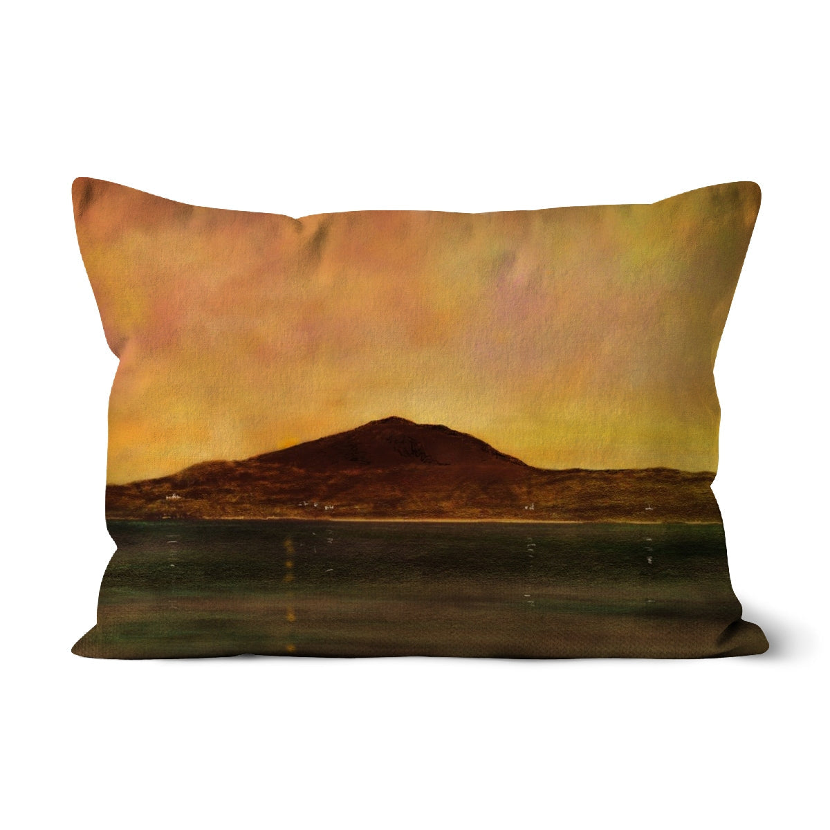 Eriskay Dusk yellow and brown mountain design cushion