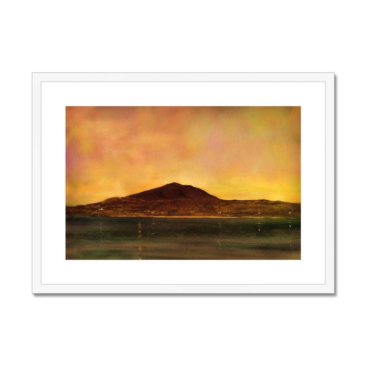 White framed Eriskay Dusk Art Print of mountain silhouette at sunset