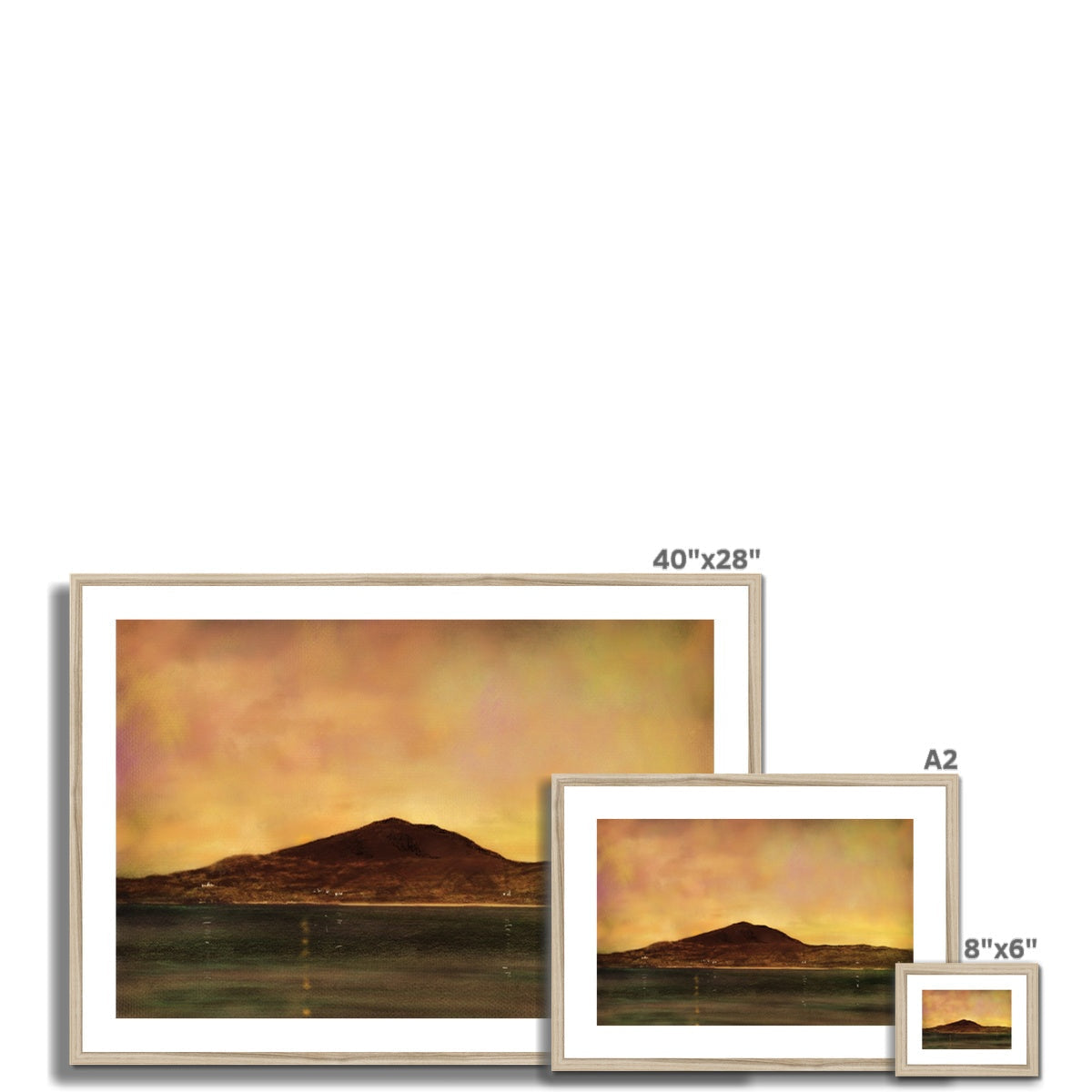 40x28 inch Eriskay Dusk framed landscape print with mountain silhouette