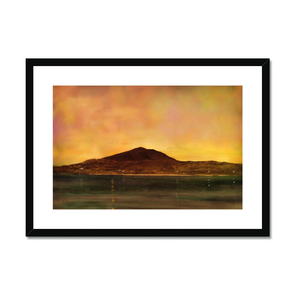 Eriskay Dusk black framed mountain landscape print with sunset reflection