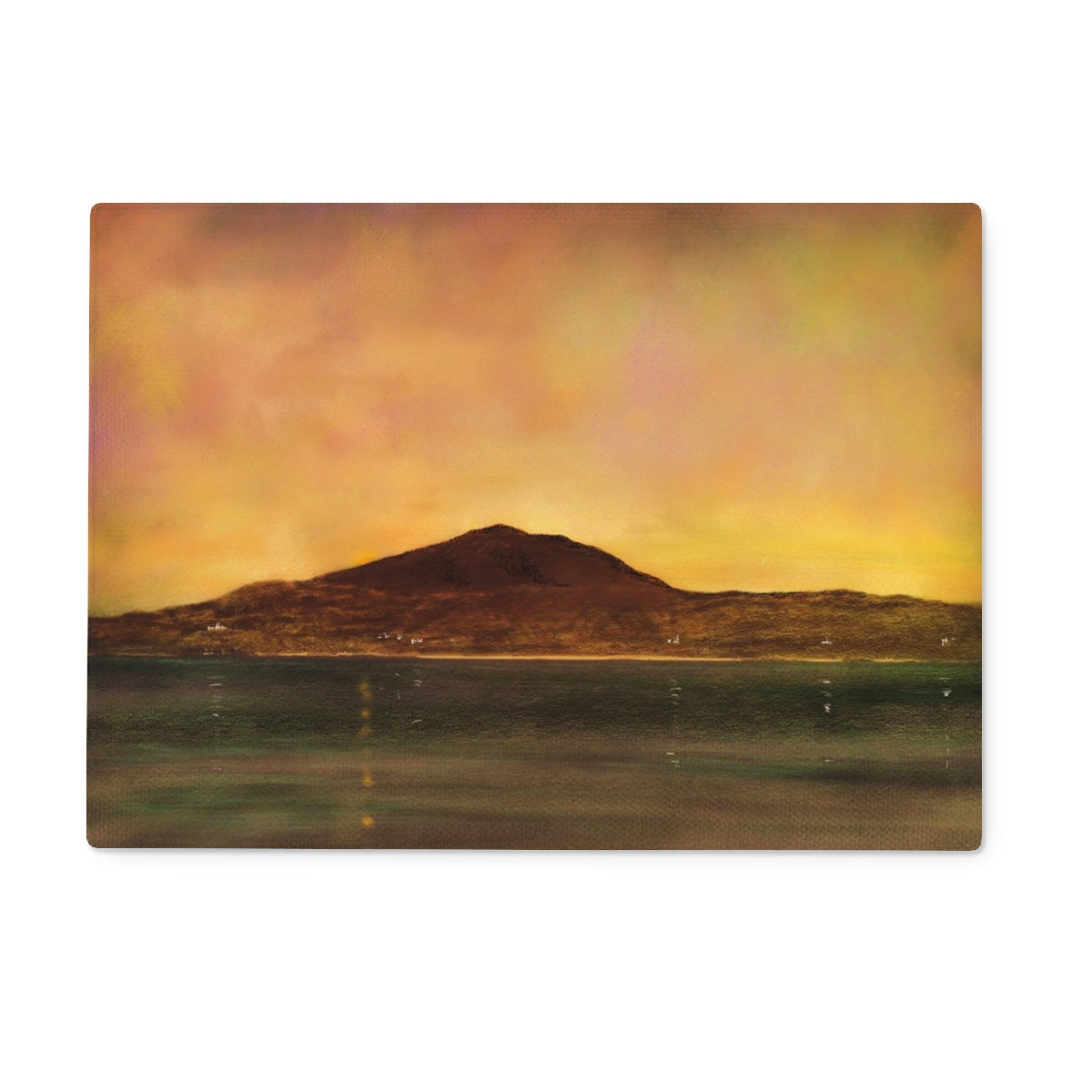 Mountain silhouette coaster on Eriskay Dusk Glass Chopping Board