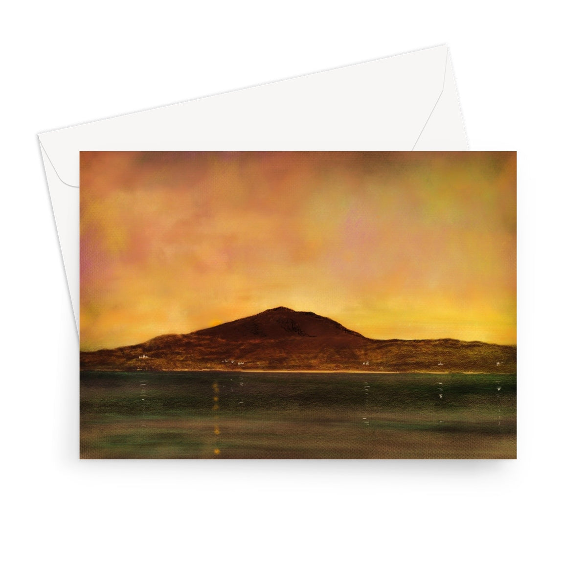 Eriskay Dusk watercolor greeting card with mountain sunset silhouette