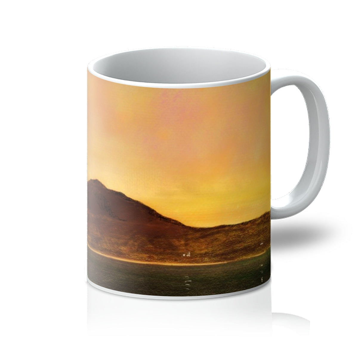 Eriskay Dusk Mug with sunset landscape, orange-yellow hues, brown mountains