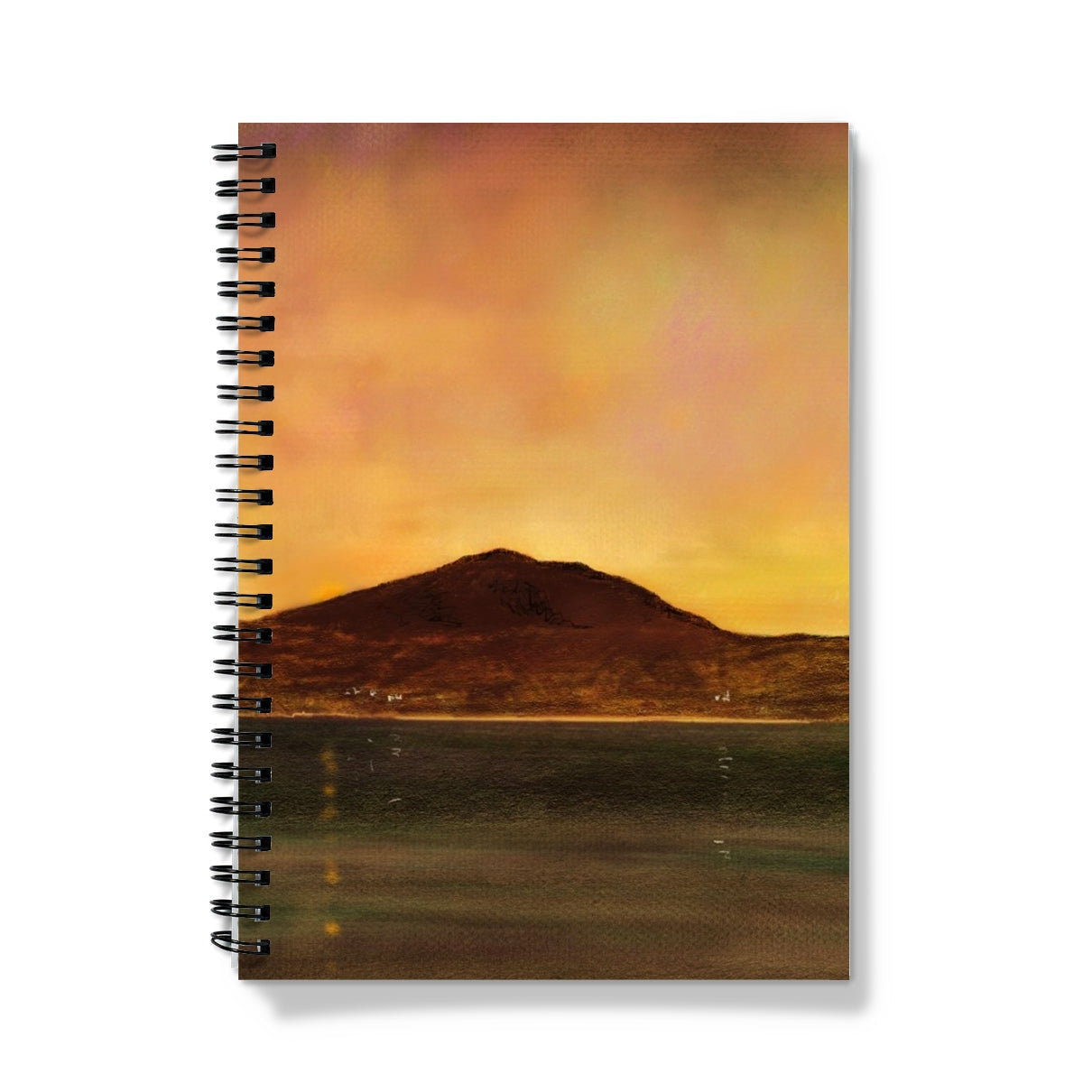 Eriskay Dusk Notebook with mountain silhouette in orange hues