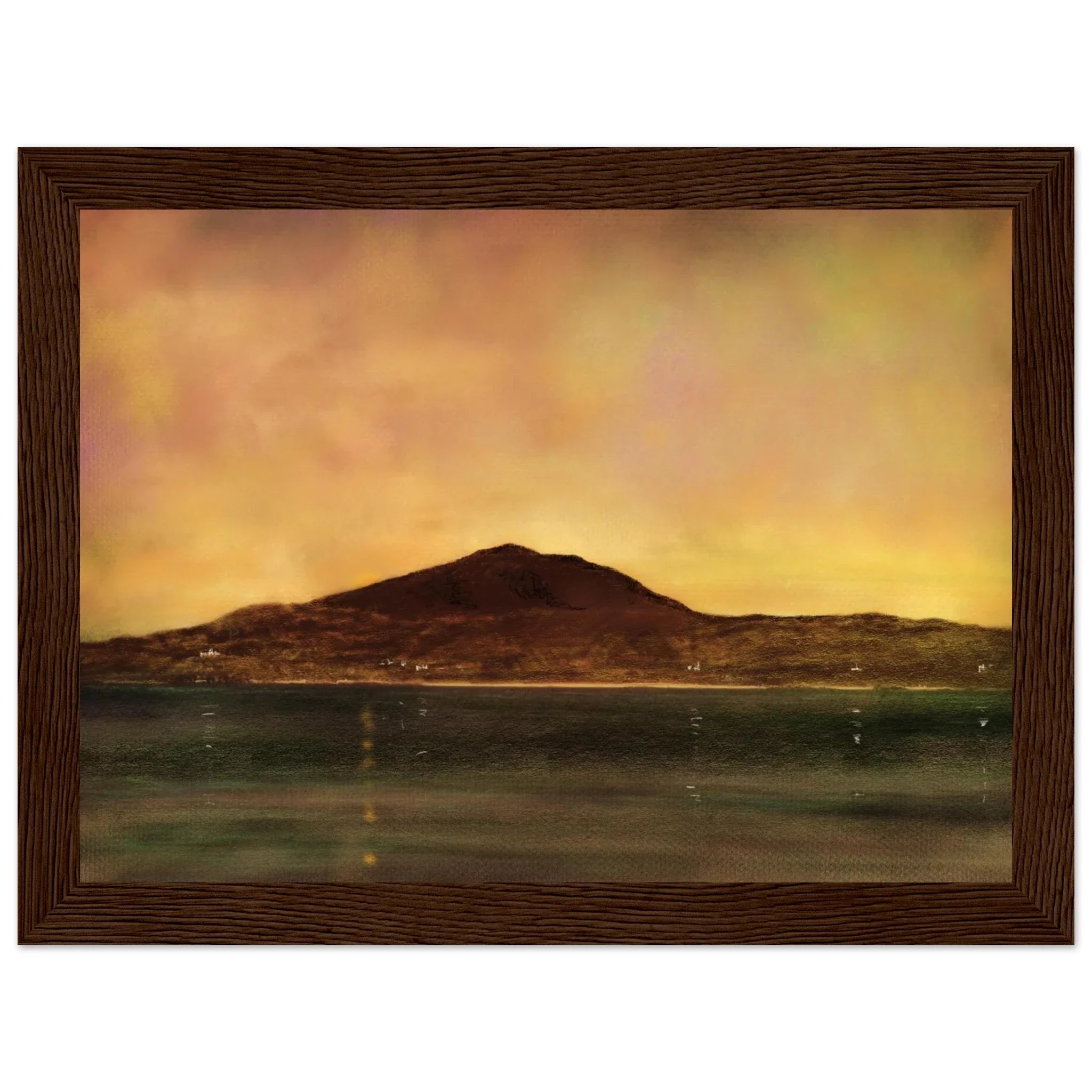 Eriskay Dusk painting of serene Scottish sunset over water with silhouetted hill
