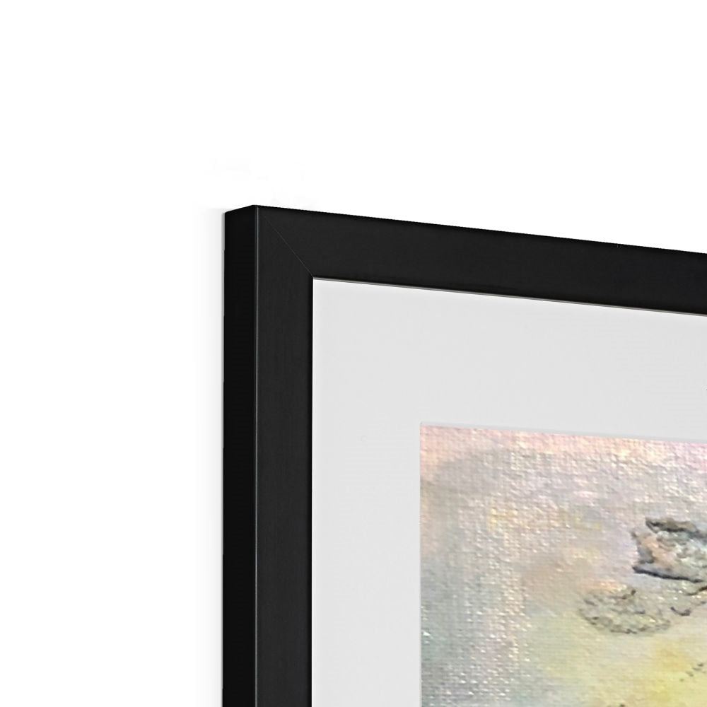 An Ethereal Loch Na Dal Skye art print in black frame with pastel pink beige coastal abstract