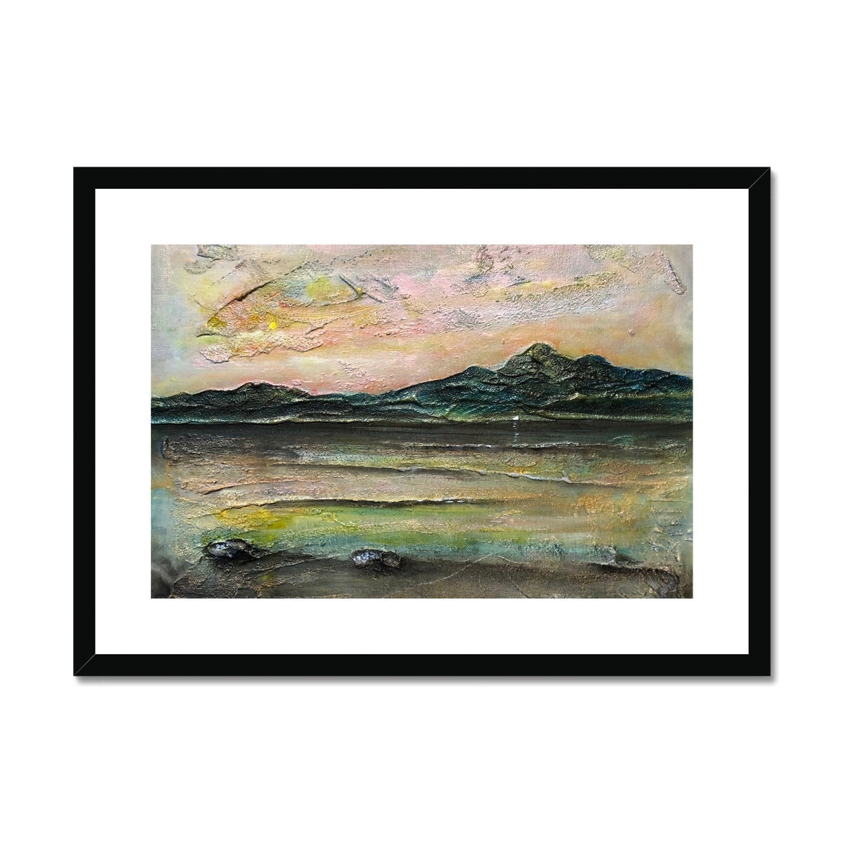 Framed Ethereal Loch Na Dal Skye abstract art print with textured pinks, yellows, greens over mountain reflections