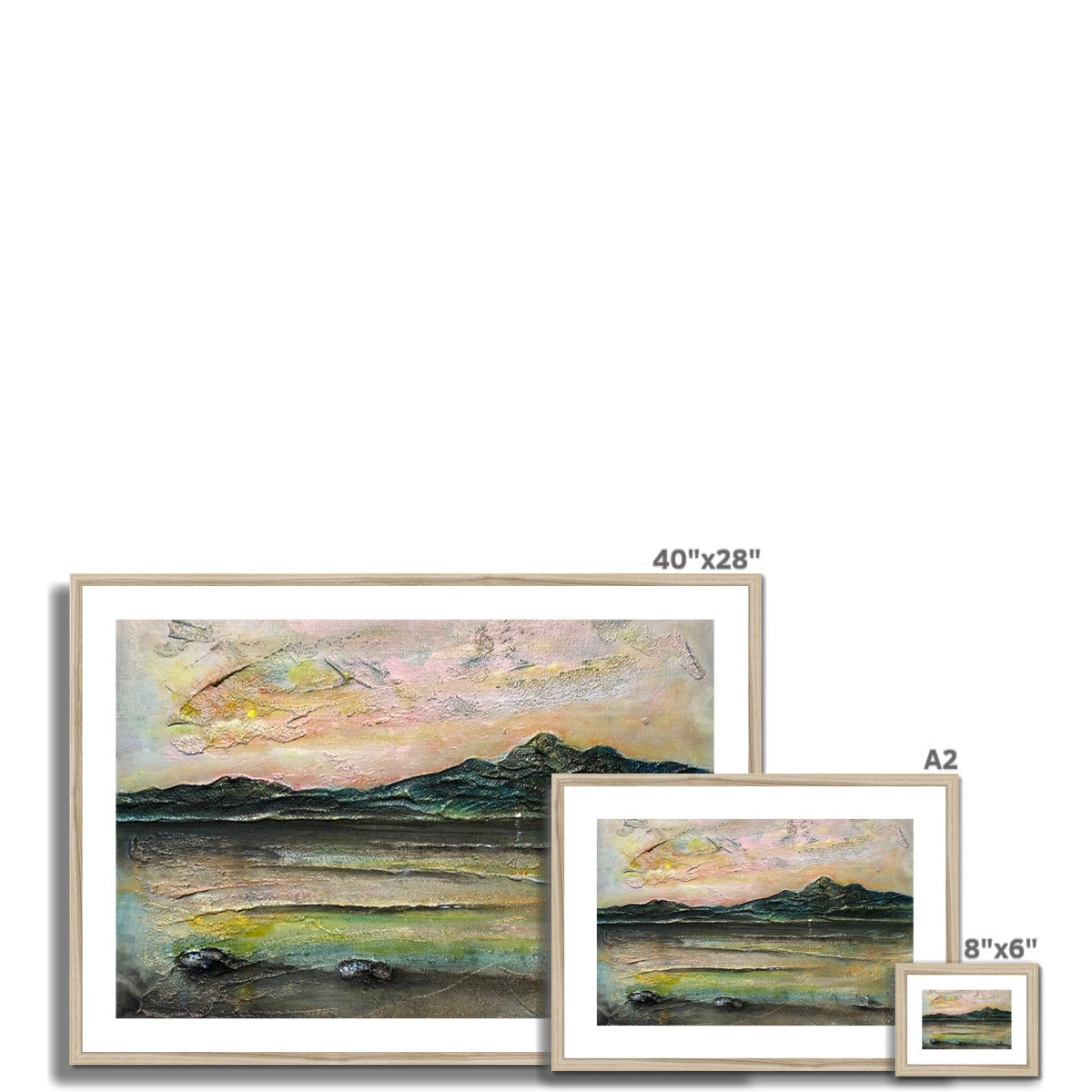 Framed Ethereal Loch Na Dal Skye abstract art print with pink, yellow, green textures over dark mountains and water