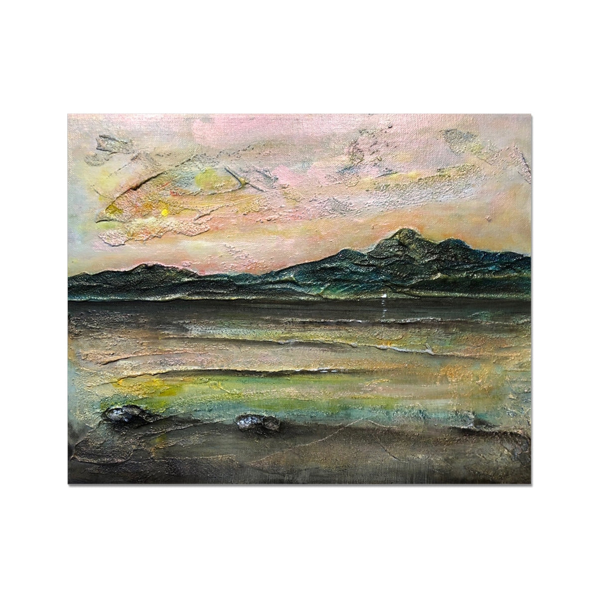 Abstract ethereal Loch Na Dal Skye coastal print in pinks and greens
