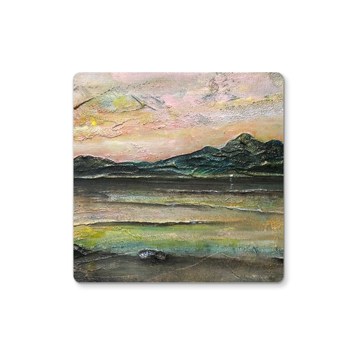 Serene Ethereal Loch Na Dal Skye coaster with pastel coastal landscape