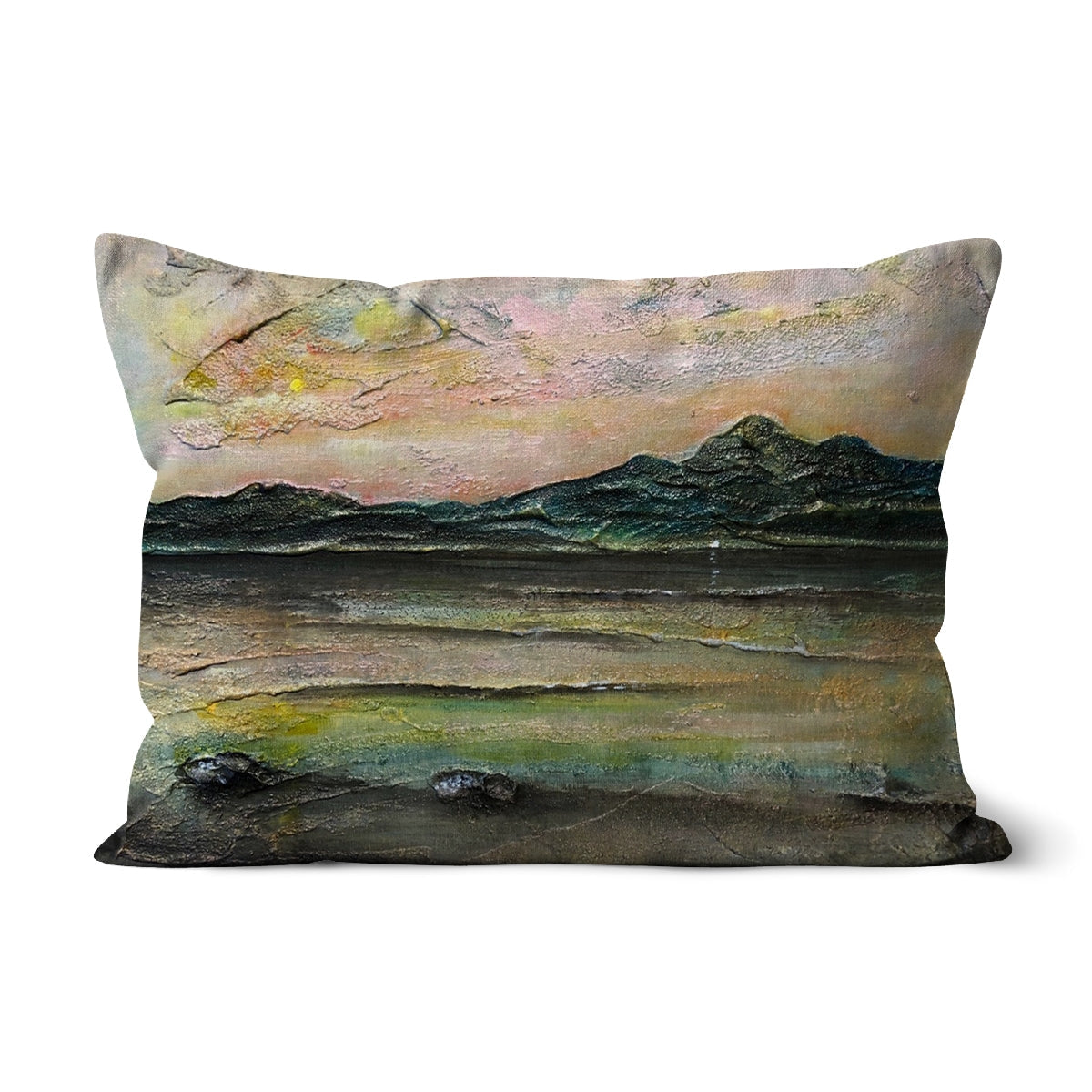 An Ethereal Loch Na Dal Skye rectangular cushion with textured impressionistic landscape in muted earth tones and pastel skies