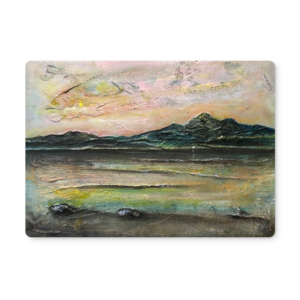Abstract ethereal Loch Na Dal Skye placemat with pink, yellow, green layers over mountain silhouettes