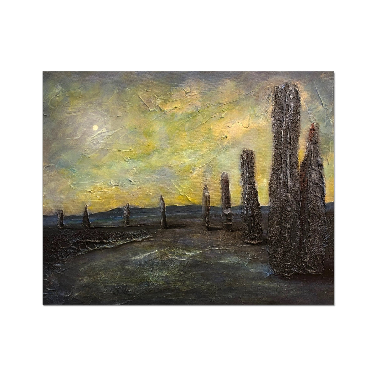 Abstract Brodgar ring landscape with dark stone structures and orange sky print